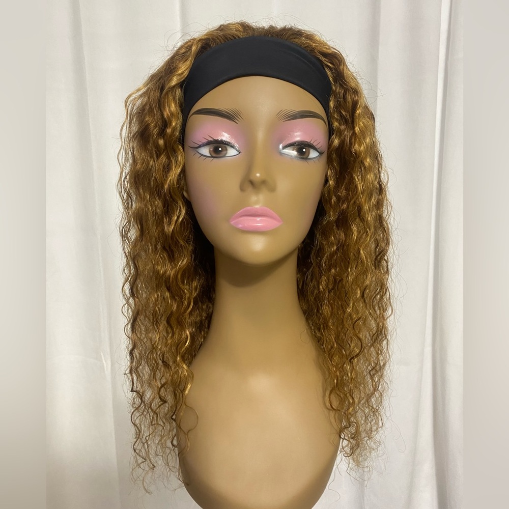 22" Honey Blonde Water Wave Headband Wig Color 4/27 Glue-less Human Hair New